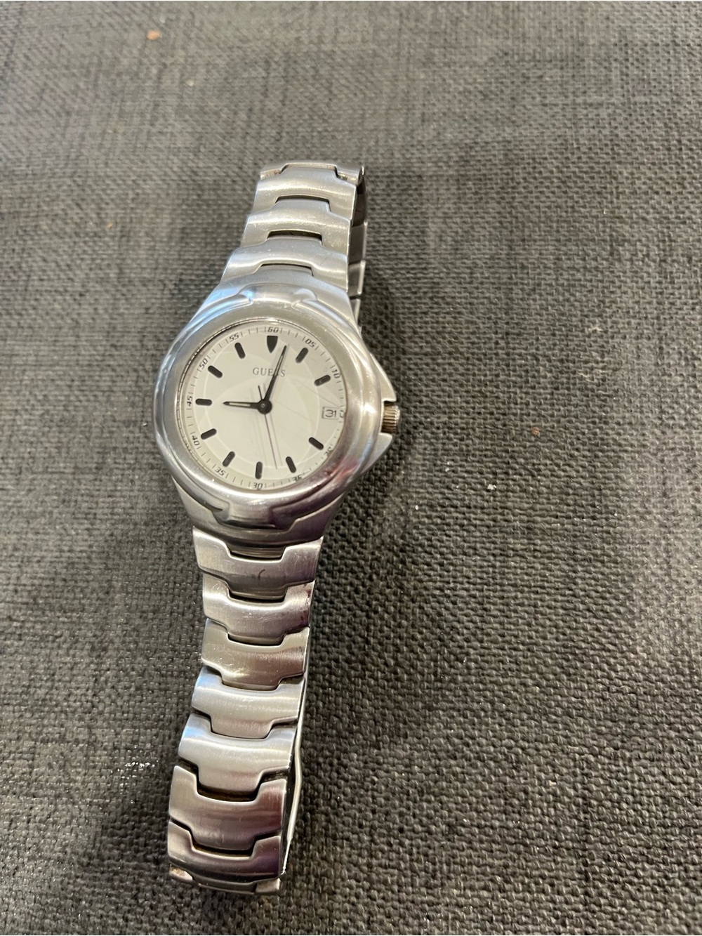 GUESS Silver-Tone Stainless Steel Bracelet Watch with White Dial